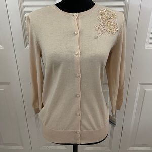 Halogen cardigan with beaded floral accent.